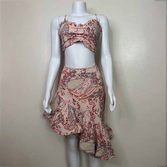 Dresses & Skirts - Pink multi color ruffled crop top asymmetrical ruffled hem skirt set